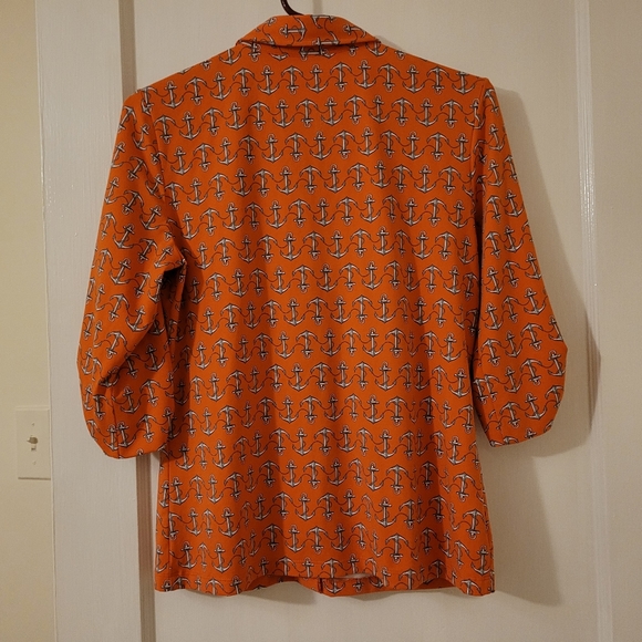 J.Mclaughlin Women Button Down Shirt Size S Anchor Print Roll Tab Sleeve Orange - Picture 2 of 7
